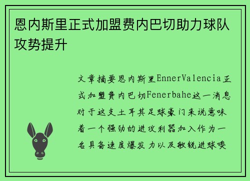 恩内斯里正式加盟费内巴切助力球队攻势提升